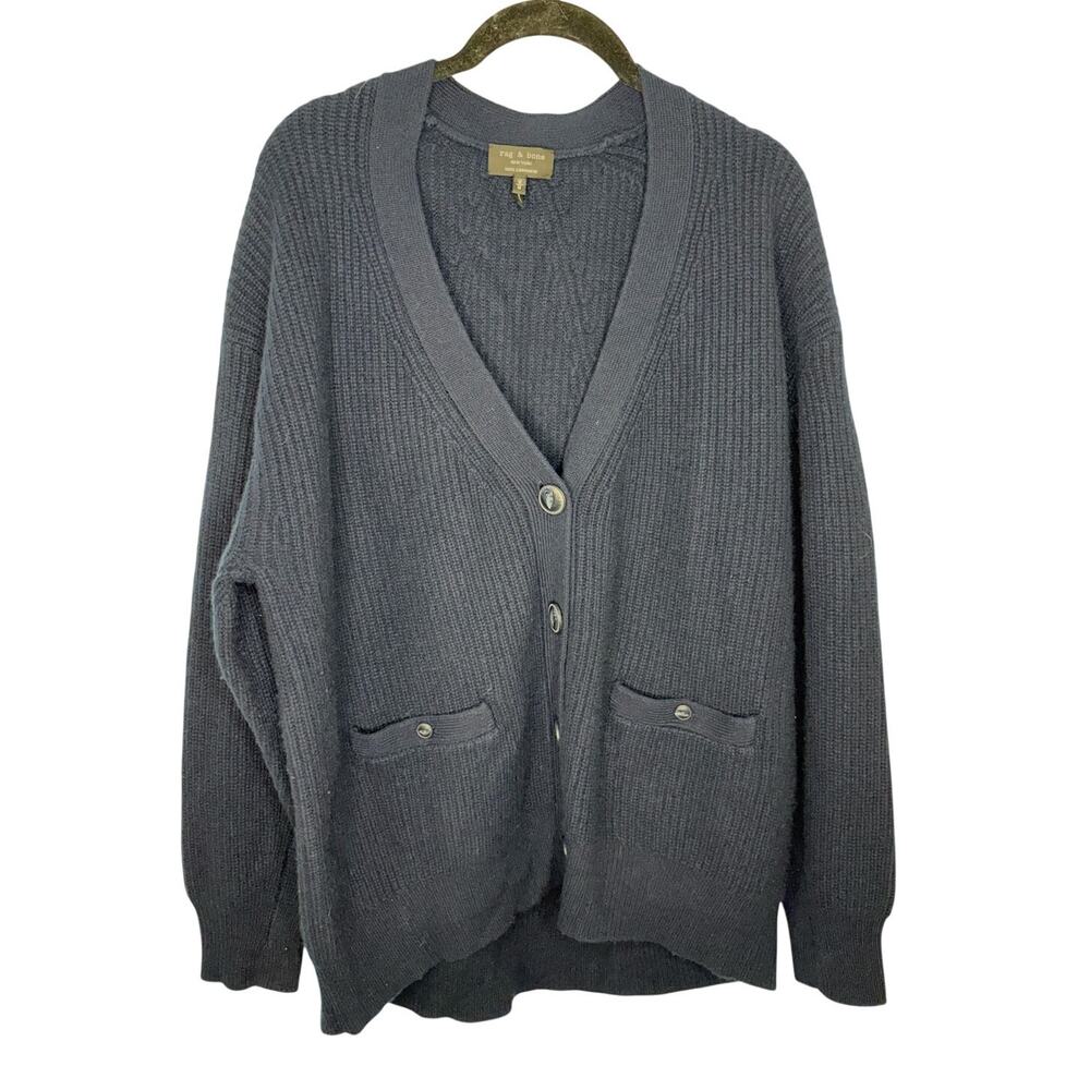 Rag & Bone 100% Cashmere Pierce Ribbed Knit Cardigan Medium Navy Grandpa Soft